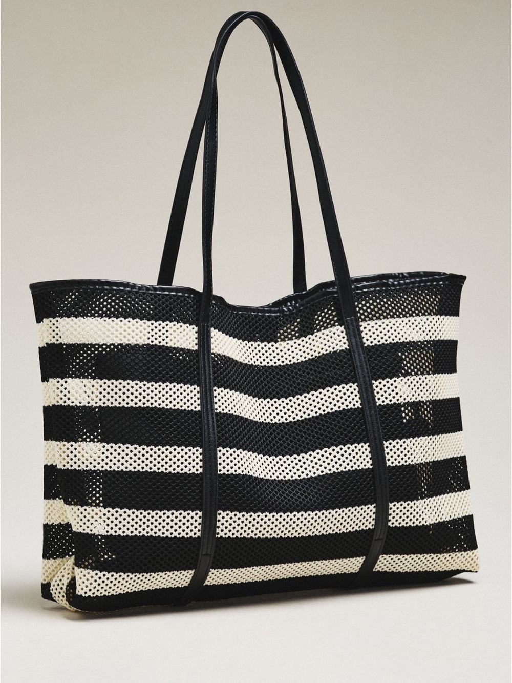 Melie Bianca Arica Black and Cream Striped Mesh Tote Bag